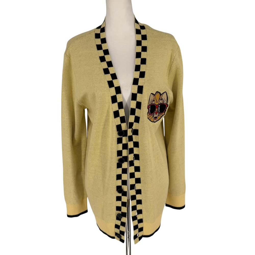 Disney Oliver & Company Dodger Cardigan Size Small Yellow Checkered Trim Dog